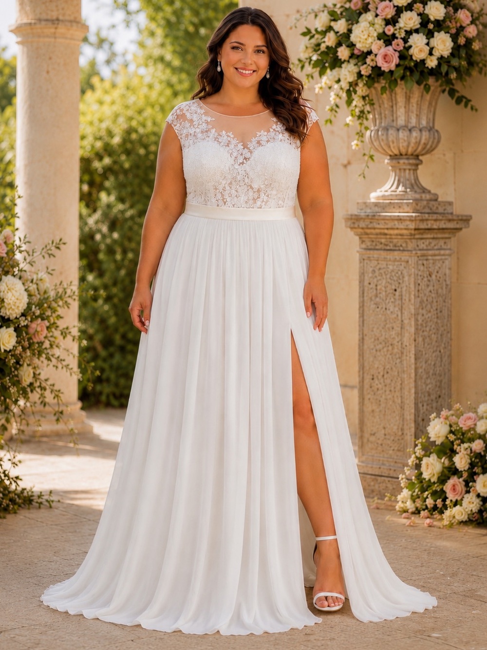 NWT Hebeos White Lace Chiffon ALine Bridal Gown High Slit Wedding Dress 18W Plus